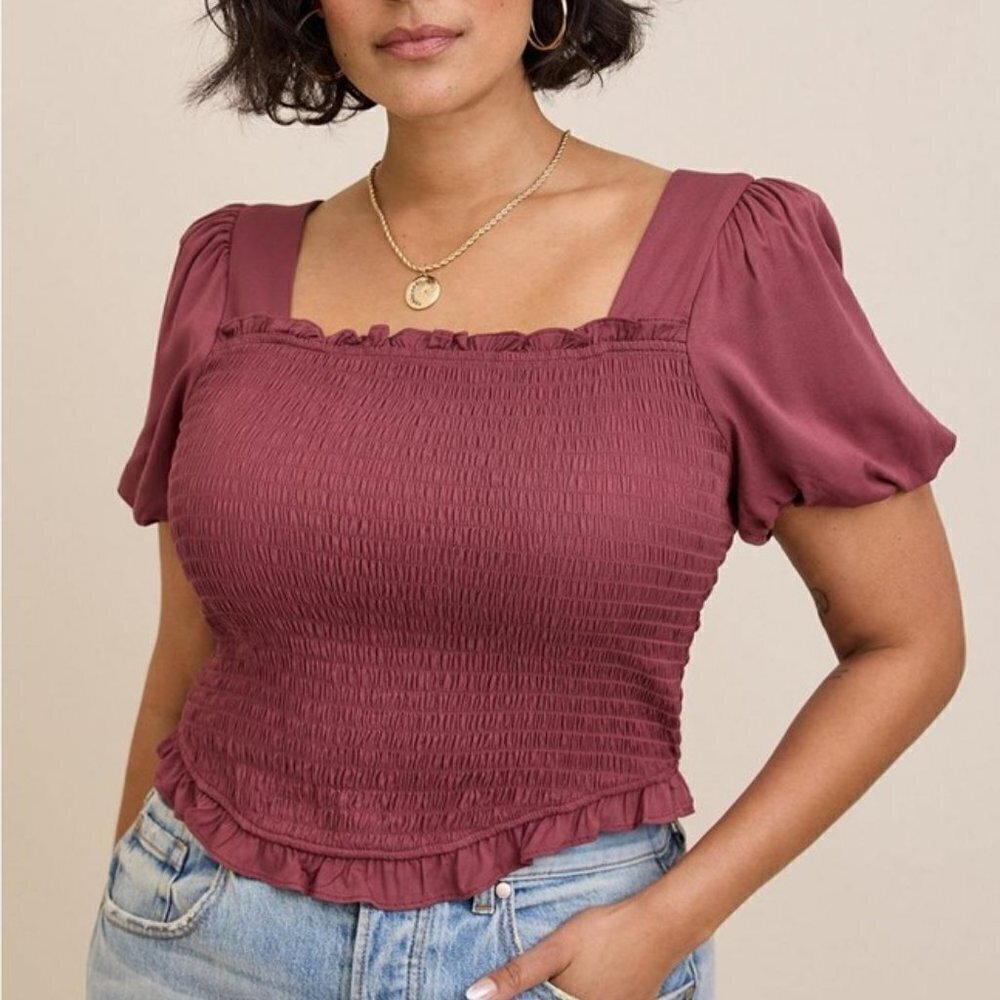 Torrid - Stretch Challis Smocked Puff Sleeve Crop Top in "Wild Ginger Burgundy" 